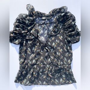 3 for 20 H&M‎ Sheer Black Ruffle Tee Birds & Puffed Sleeves Deep V Neck | Size 2